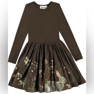 Molo Chocolate Brown Dress with Floral and Rabbit Bunny modest long sleeve Casie